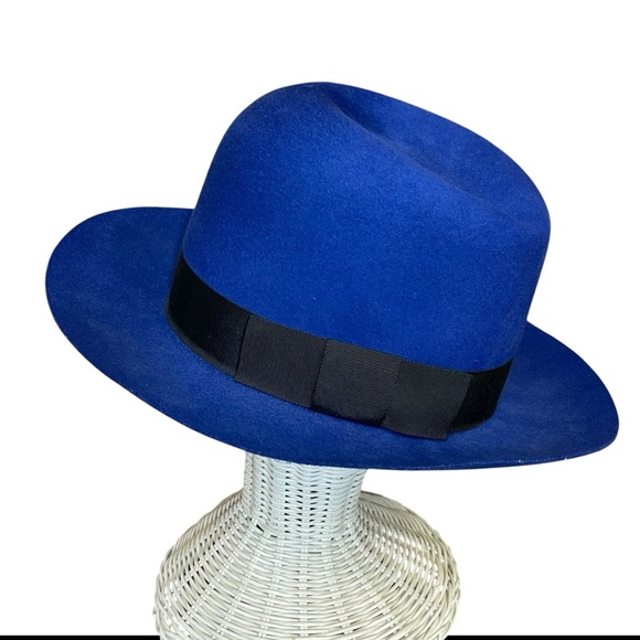Stetson X Norma Kamali vintage blue felt hat with black ribbon trim - Picture 1 of 12